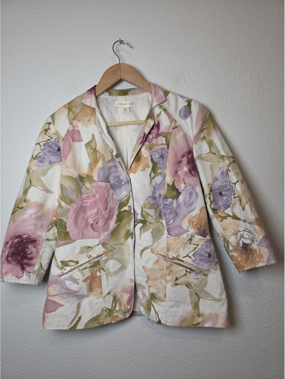 Coldwater Creek Jacket Neutral Floral Lined Contoured  Buttons sz.P6 3/4 Sleeve